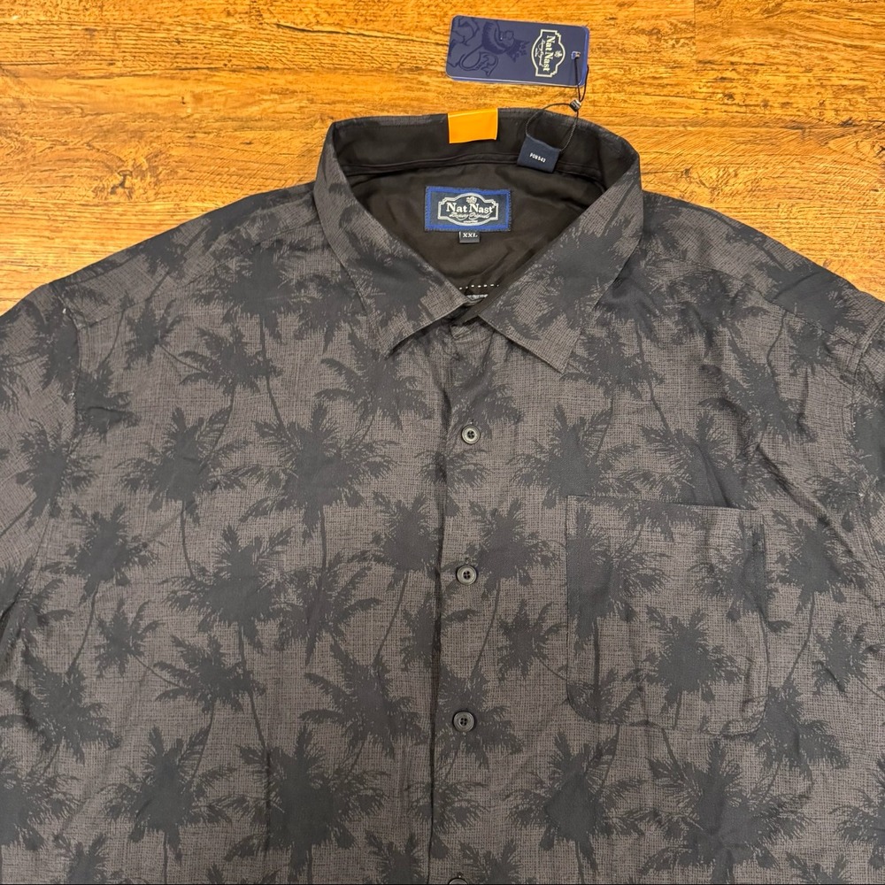 Nat Nast Black Palm Silk Cotton Hawaiian Short Sleeve Button Up Shirt Men's 2XL